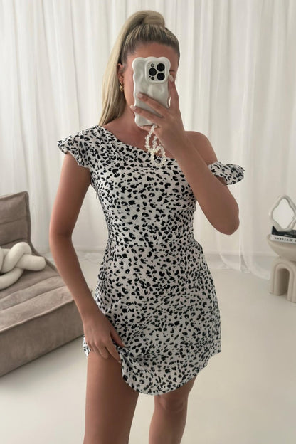 Asymmetric One Shoulder Mini Dress in Black Leopard and White Leopard Prints - Comfort, Casual