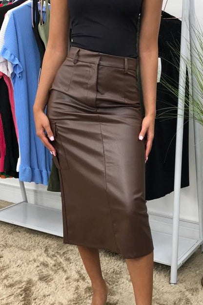 Chic and Elegant Black Brown PU Cargo Midi Skirt with High Waist for Women - Comfort, Outfit