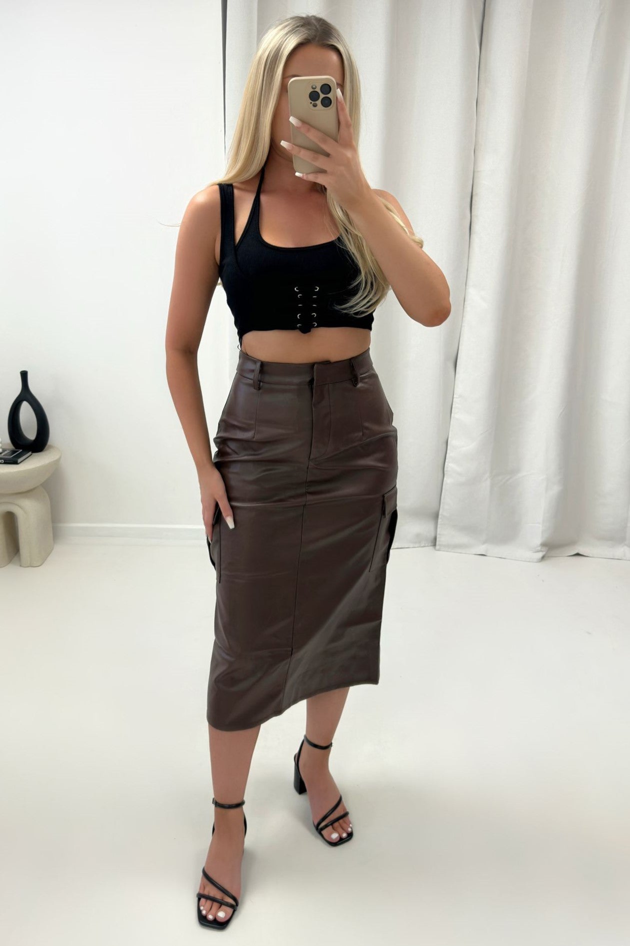 Chic and Elegant Black Brown PU Cargo Midi Skirt with High Waist for Women - Comfort, Outfit