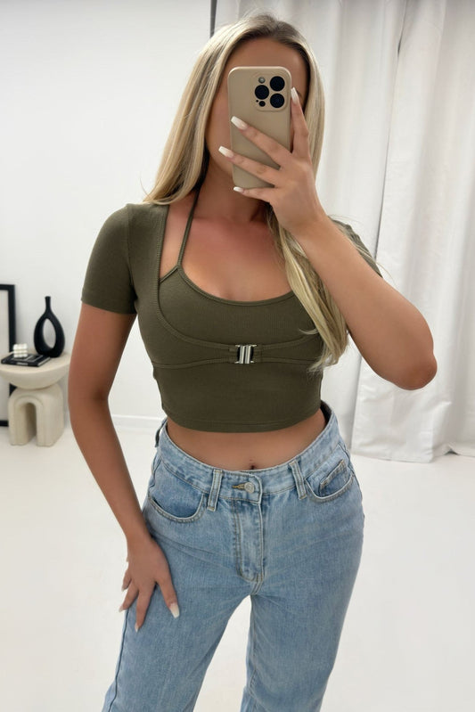 Ribbed Jersey Short Sleeve Crop Top with Halterneck Insert and Clasp Detail - 3 colours - The Suga Babe ClothingTop