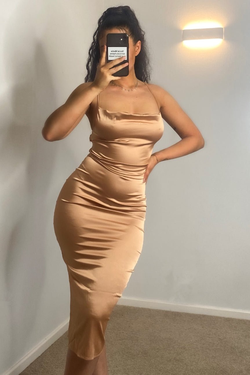 Satin Cowl Neck Midi Dress with Lace Up Back - The Suga Babe ClothingDress